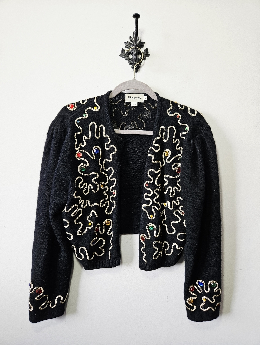 Vintage Magnolia Angora Wool Embellished Cardigan Size M Black Sweater Jewelled